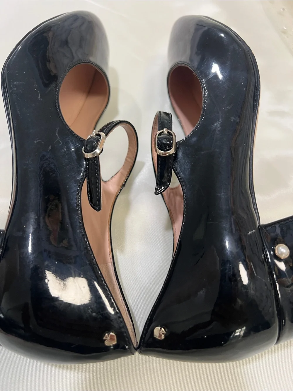 kate spade Black Patent Leather Mary Jane Heeled shoes with Pearl Studs